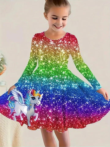 3D Unicorn Print Long Sleeve Casual Dress, Comfortable Sportswear Gift, Spring/Autumn