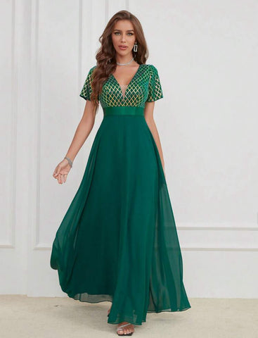 LUNE Contrast Sequin Mesh Panel Chiffon Party Dress