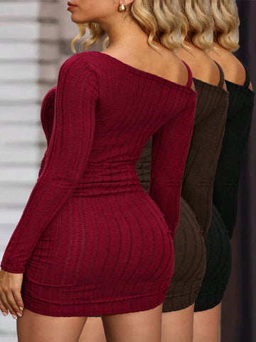3PCS Set Hollow Striped Off-Shoulder Dress , Elegant Asymmetric Women's Chain Ribbed Knitted Long Sleeve Asymmetric Neckline Regular Style Short Burgundy Regular Sleeve Solid Color Tight Dress, Women's Spring And Autumn Casual Daily Wear