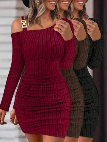 3PCS Set Hollow Striped Off-Shoulder Dress , Elegant Asymmetric Women's Chain Ribbed Knitted Long Sleeve Asymmetric Neckline Regular Style Short Burgundy Regular Sleeve Solid Color Tight Dress, Women's Spring And Autumn Casual Daily Wear
