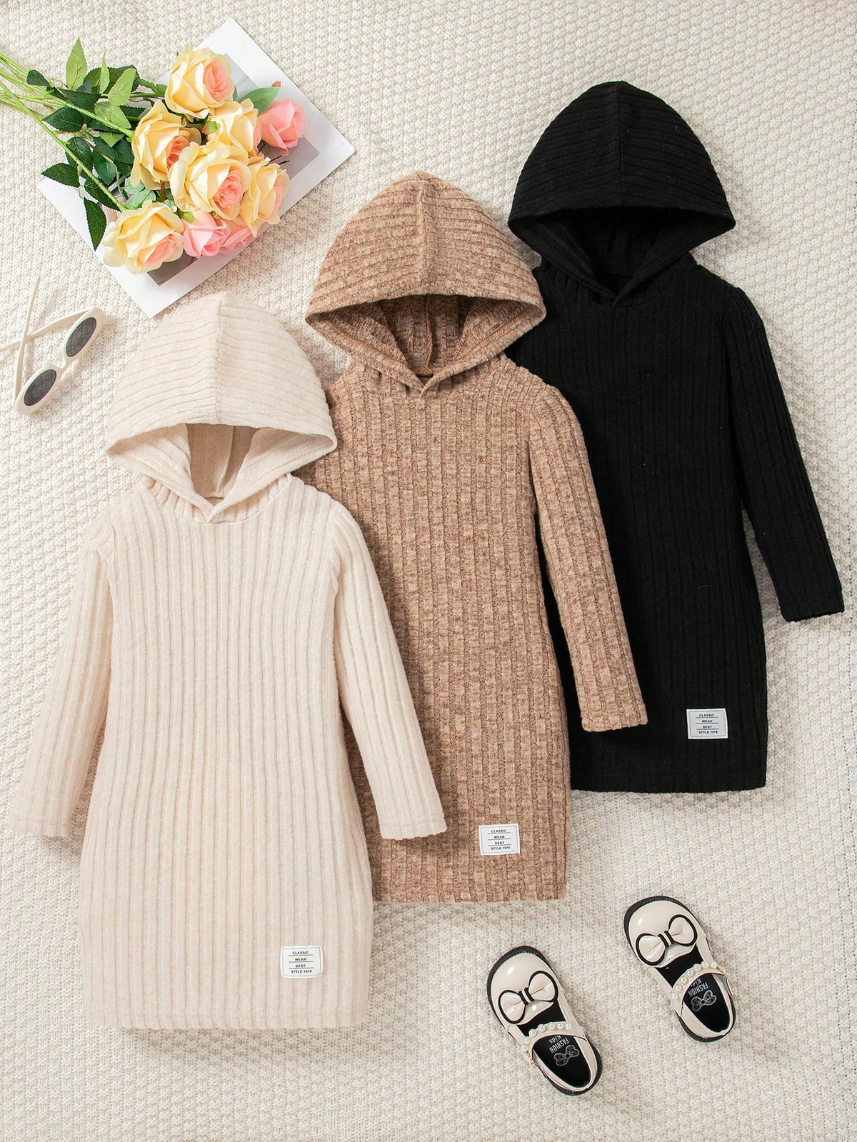 3Pcs/Set Girls Solid Color Casual Knitted Hooded Long Sleeve Dress Set