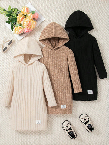 3Pcs/Set Girls Solid Color Casual Knitted Hooded Long Sleeve Dress Set