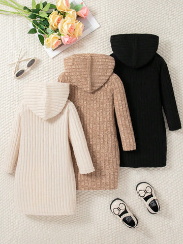 3Pcs/Set Girls Solid Color Casual Knitted Hooded Long Sleeve Dress Set