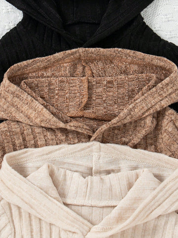 3Pcs/Set Girls Solid Color Casual Knitted Hooded Long Sleeve Dress Set