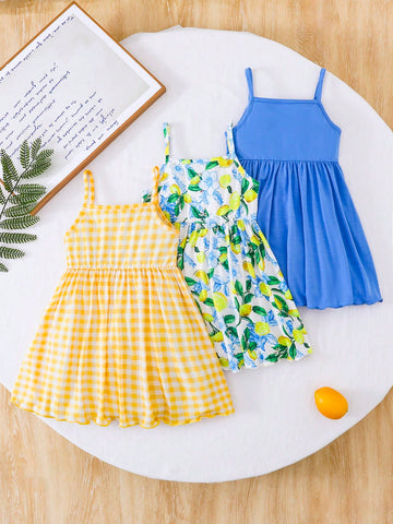 3 Pcs/Set Young Girl Fashionable Casual Yellow Plaid & Plant Print Open Shoulder Slip Dress