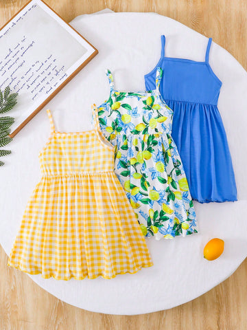 3 Pcs/Set Young Girl Fashionable Casual Yellow Plaid & Plant Print Open Shoulder Slip Dress