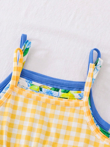 3 Pcs/Set Young Girl Fashionable Casual Yellow Plaid & Plant Print Open Shoulder Slip Dress