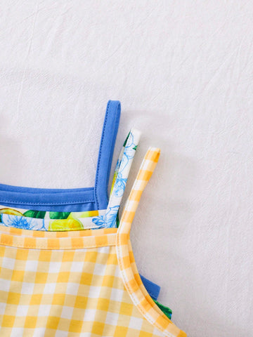 3 Pcs/Set Young Girl Fashionable Casual Yellow Plaid & Plant Print Open Shoulder Slip Dress