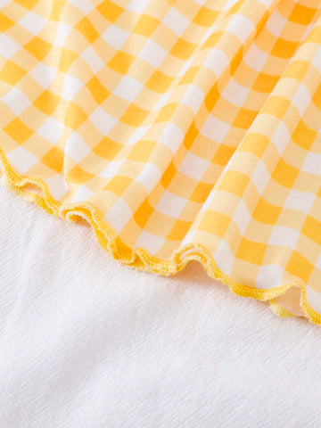 3 Pcs/Set Young Girl Fashionable Casual Yellow Plaid & Plant Print Open Shoulder Slip Dress