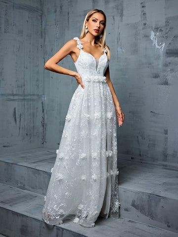 3d Floral Decor Backless Spaghetti Strap Wedding Dress