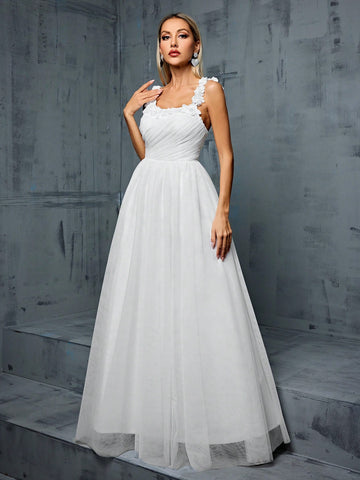 3d Floral Embellished Pleated Bust And Netting A-line Wedding Dress