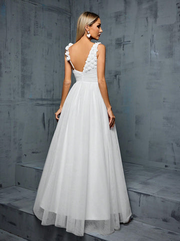 3d Floral Embellished Pleated Bust And Netting A-line Wedding Dress