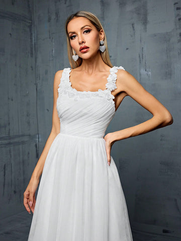 3d Floral Embellished Pleated Bust And Netting A-line Wedding Dress