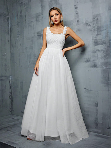 3d Floral Embellished Pleated Bust And Netting A-line Wedding Dress