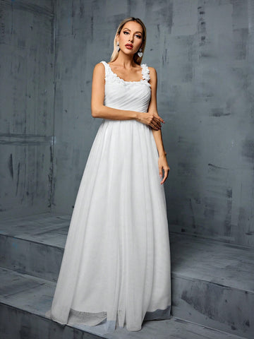 3d Floral Embellished Pleated Bust And Netting A-line Wedding Dress