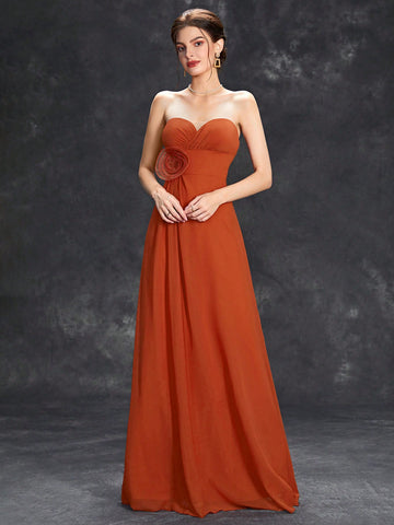 3d Rose Ruched Bustier Maxi Tube Bridesmaid Dress