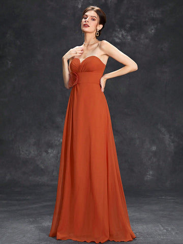 3d Rose Ruched Bustier Maxi Tube Bridesmaid Dress