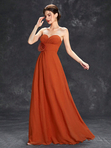 3d Rose Ruched Bustier Maxi Tube Bridesmaid Dress