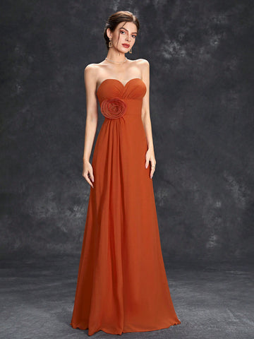 3d Rose Ruched Bustier Maxi Tube Bridesmaid Dress