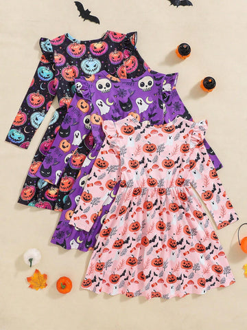 3pcs/Set Cute Halloween Pumpkin, Bat, Black Cat & Monsters Print Ruffle Trim Girls Long Sleeve Dress, Spring/Autumn