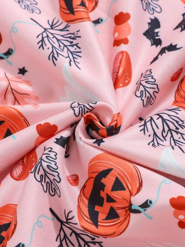 3pcs/Set Cute Halloween Pumpkin, Bat, Black Cat & Monsters Print Ruffle Trim Girls Long Sleeve Dress, Spring/Autumn