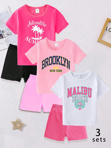 3pcs/Set Fashion Cartoon Letter Slogan Print Short Sleeve T-Shirt + Leggings Set For Little Girls