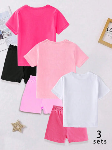 3pcs/Set Fashion Cartoon Letter Slogan Print Short Sleeve T-Shirt + Leggings Set For Little Girls