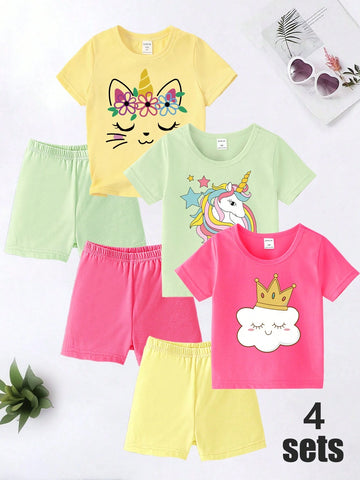3pcs/Set Fashionable And Cute Cartoon Printed Short Sleeve T-Shirt And Leggings For Little Girls