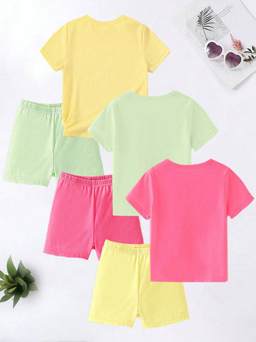 3pcs/Set Fashionable And Cute Cartoon Printed Short Sleeve T-Shirt And Leggings For Little Girls