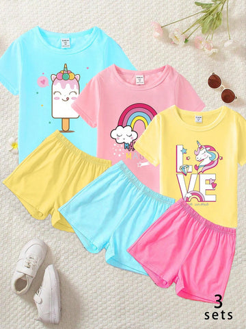 3pcs/Set Fashionable And Cute Cartoon Printed Short Sleeve T-Shirt And Leggings Set For Little Girls