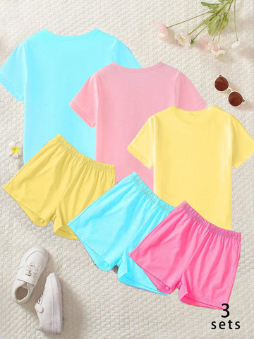 3pcs/Set Fashionable And Cute Cartoon Printed Short Sleeve T-Shirt And Leggings Set For Little Girls