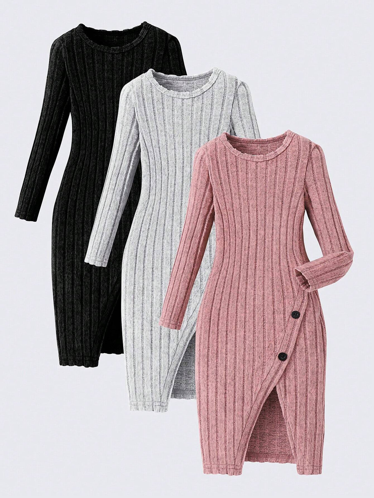 3pcs/Set Girls Casual Cute Long Sleeve Round Neck Button Decor Dress Outfit, Suitable For Autumn & Winter