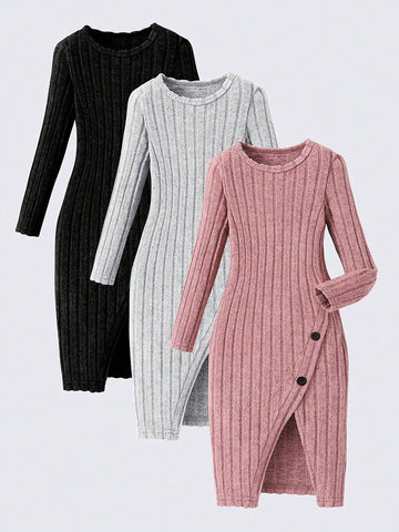 3pcs/Set Girls Casual Cute Long Sleeve Round Neck Button Decor Dress Outfit, Suitable For Autumn & Winter
