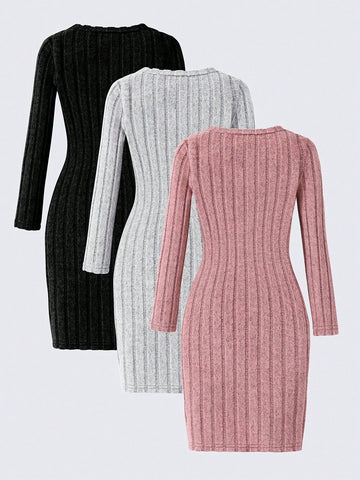 3pcs/Set Girls Casual Cute Long Sleeve Round Neck Button Decor Dress Outfit, Suitable For Autumn & Winter