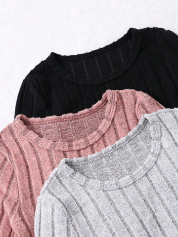 3pcs/Set Girls Casual Cute Long Sleeve Round Neck Button Decor Dress Outfit, Suitable For Autumn & Winter