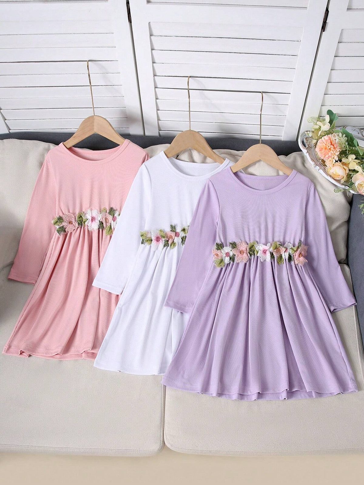 3pcs/Set Girls Casual Floral Embroidered Solid Color Dress, Autumn
