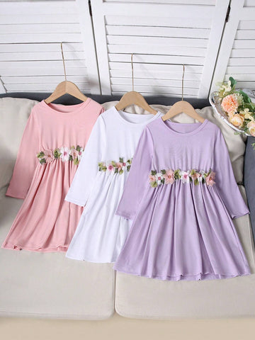 3pcs/Set Girls Casual Floral Embroidered Solid Color Dress, Autumn