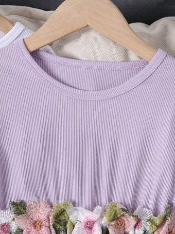 3pcs/Set Girls Casual Floral Embroidered Solid Color Dress, Autumn