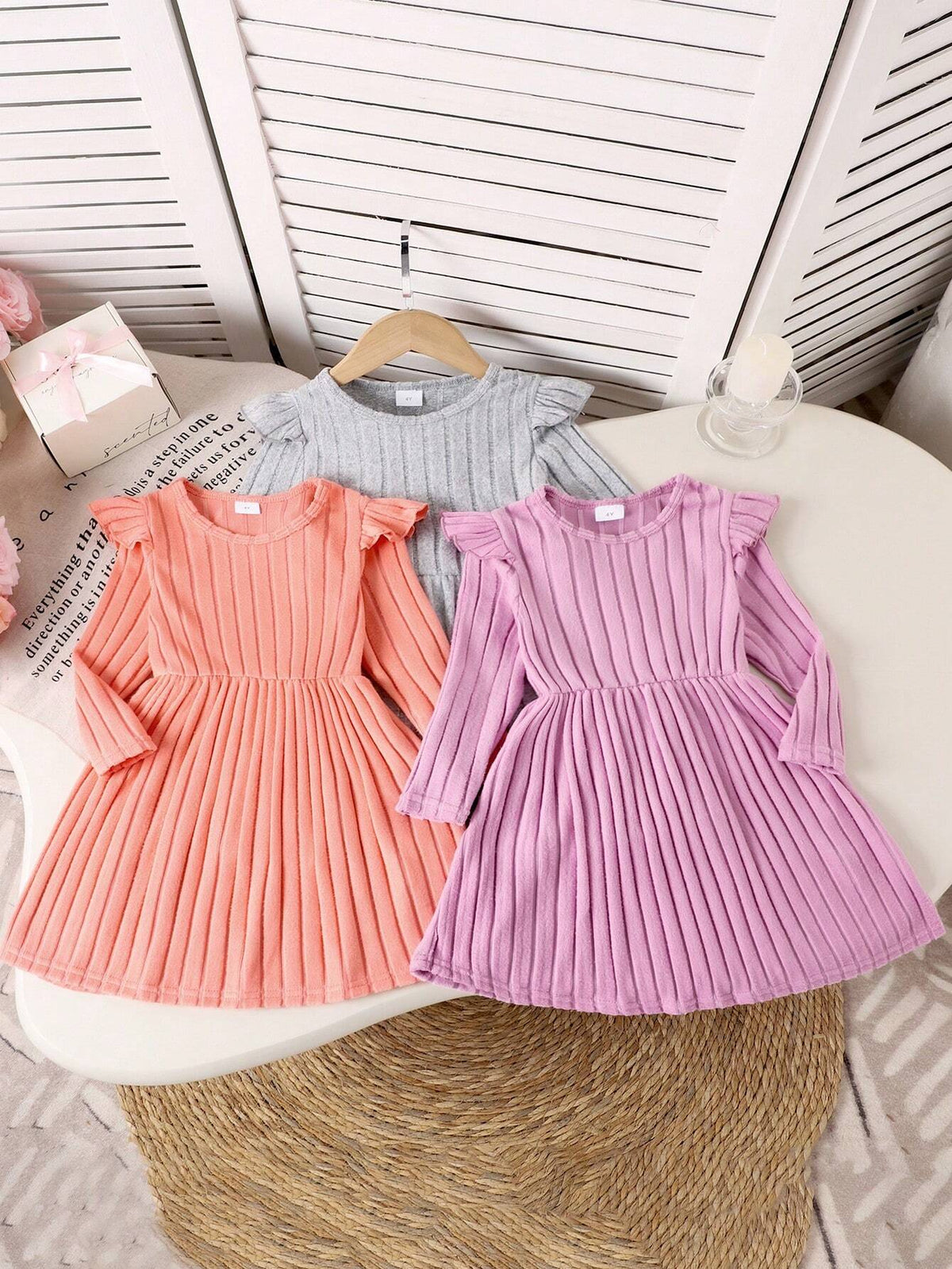 3pcs/Set Girls Casual Solid Color Cap Sleeve Long Sleeve Dress, Spring/Autumn