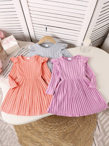 3pcs/Set Girls Casual Solid Color Cap Sleeve Long Sleeve Dress, Spring/Autumn
