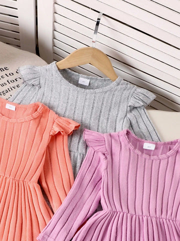 3pcs/Set Girls Casual Solid Color Cap Sleeve Long Sleeve Dress, Spring/Autumn