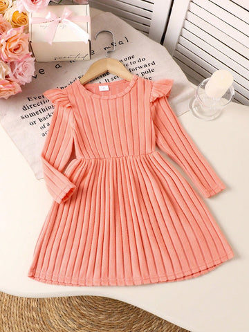 3pcs/Set Girls Casual Solid Color Cap Sleeve Long Sleeve Dress, Spring/Autumn
