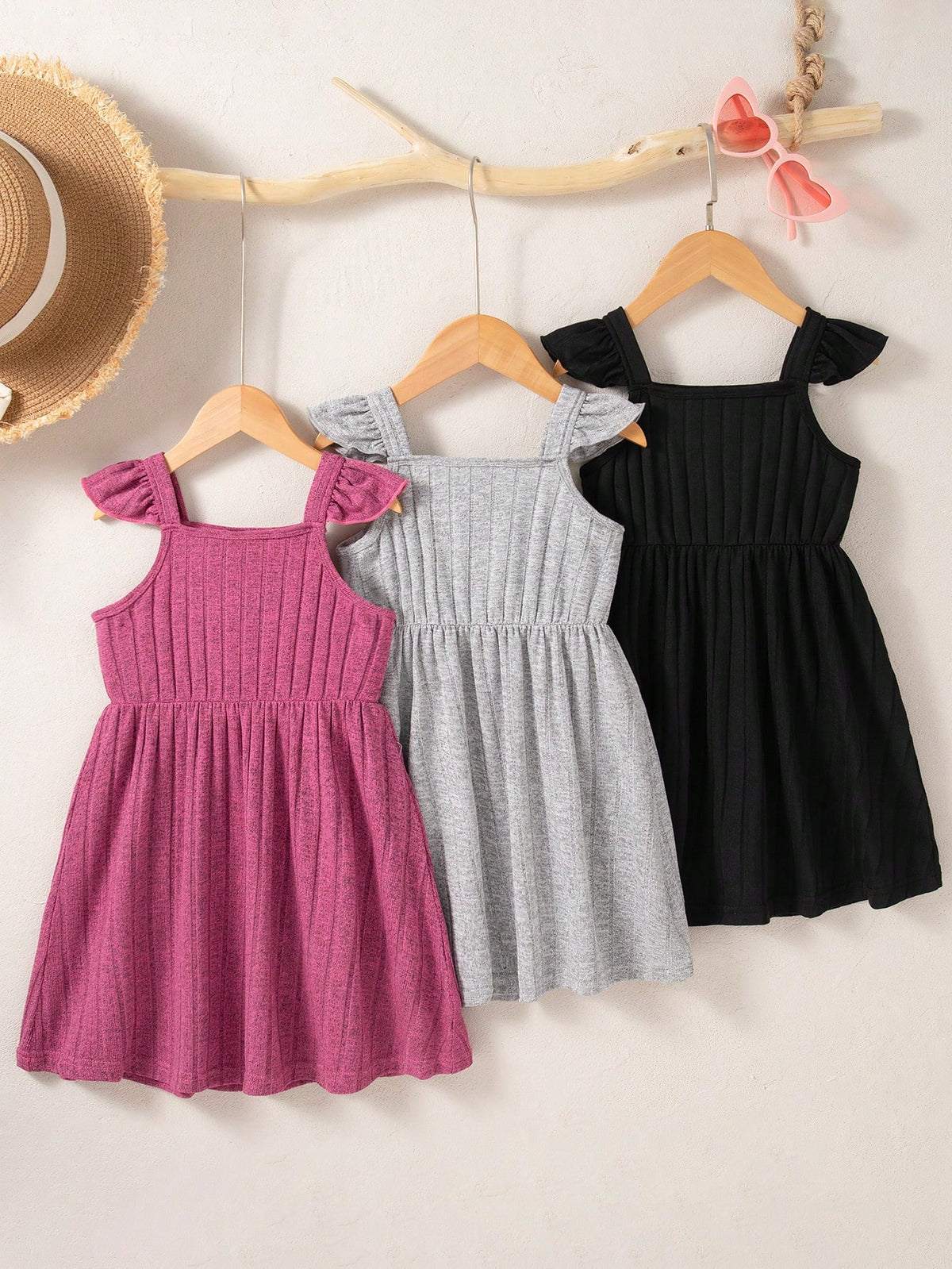 3pcs/Set Girls' Casual Spaghetti Strap Sleeveless Simple Rib Knit Fabric Mini Dress, Lightweight & Versatile For Home Wear, Summer