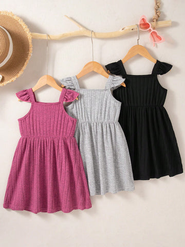 3pcs/Set Girls' Casual Spaghetti Strap Sleeveless Simple Rib Knit Fabric Mini Dress, Lightweight & Versatile For Home Wear, Summer