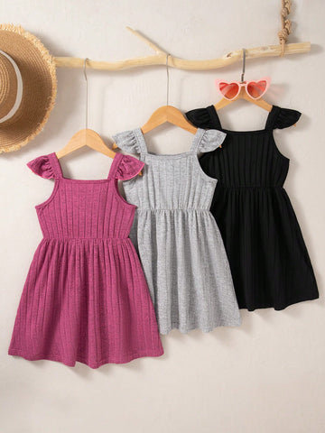 3pcs/Set Girls' Casual Spaghetti Strap Sleeveless Simple Rib Knit Fabric Mini Dress, Lightweight & Versatile For Home Wear, Summer