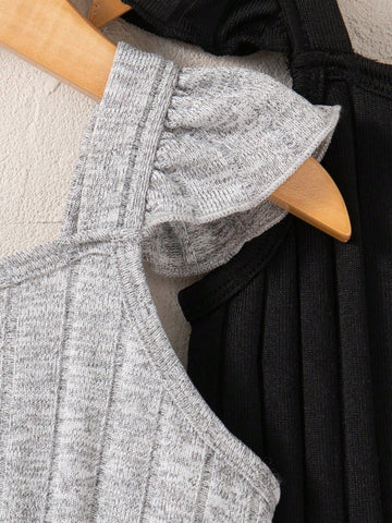 3pcs/Set Girls' Casual Spaghetti Strap Sleeveless Simple Rib Knit Fabric Mini Dress, Lightweight & Versatile For Home Wear, Summer