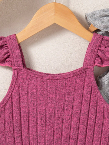 3pcs/Set Girls' Casual Spaghetti Strap Sleeveless Simple Rib Knit Fabric Mini Dress, Lightweight & Versatile For Home Wear, Summer