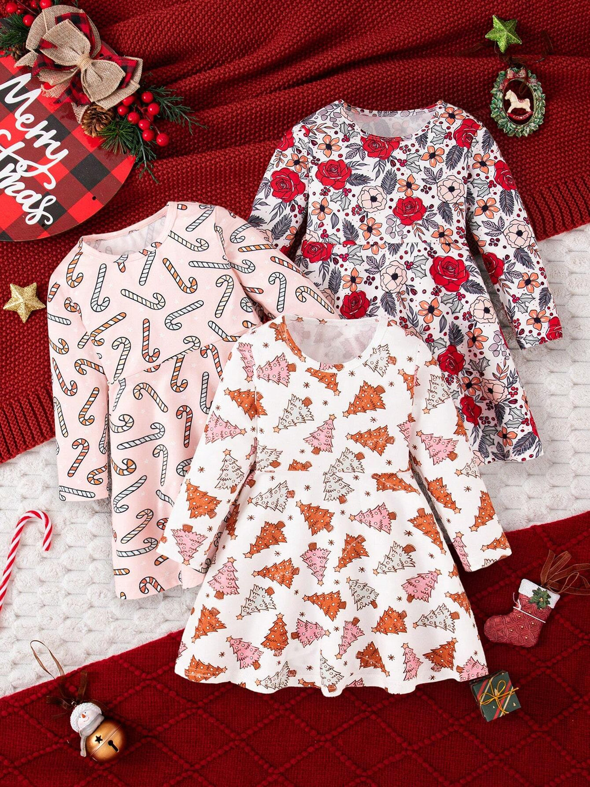 3pcs/Set Girls Christmas Tree, Cartoon Pattern And Floral Print Casual Dress Set For Christmas