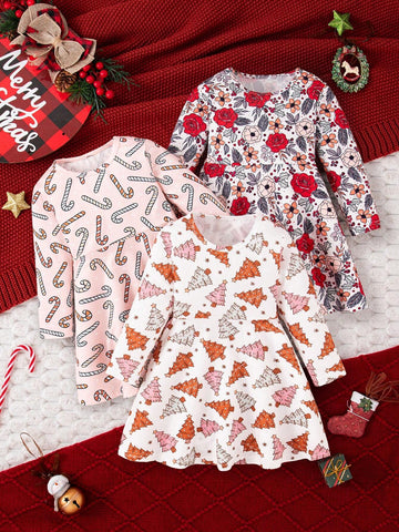 3pcs/Set Girls Christmas Tree, Cartoon Pattern And Floral Print Casual Dress Set For Christmas