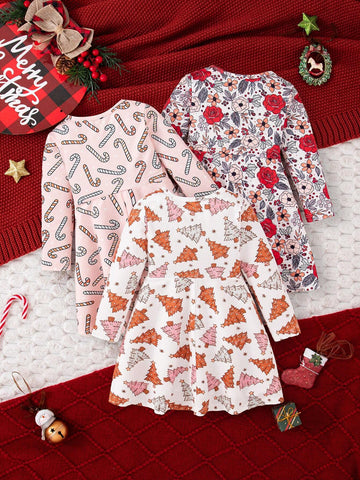 3pcs/Set Girls Christmas Tree, Cartoon Pattern And Floral Print Casual Dress Set For Christmas